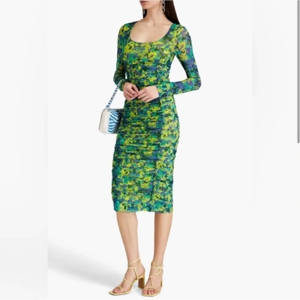 Ganni Ruched Printed Long Sleeve Stretch-Mesh Midi Dress - Picture 1 of 12
